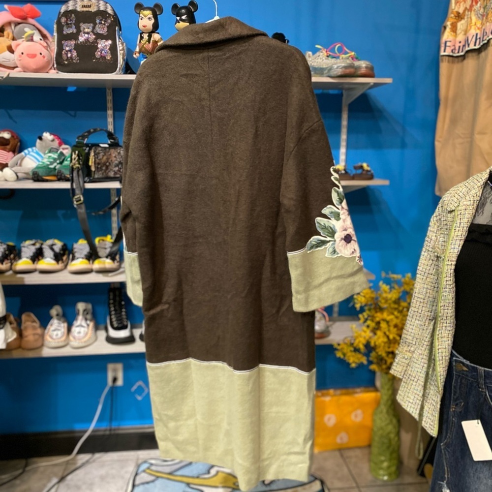 Dark Forest Green Flower Print Wool Coat - Picture 3 of 6